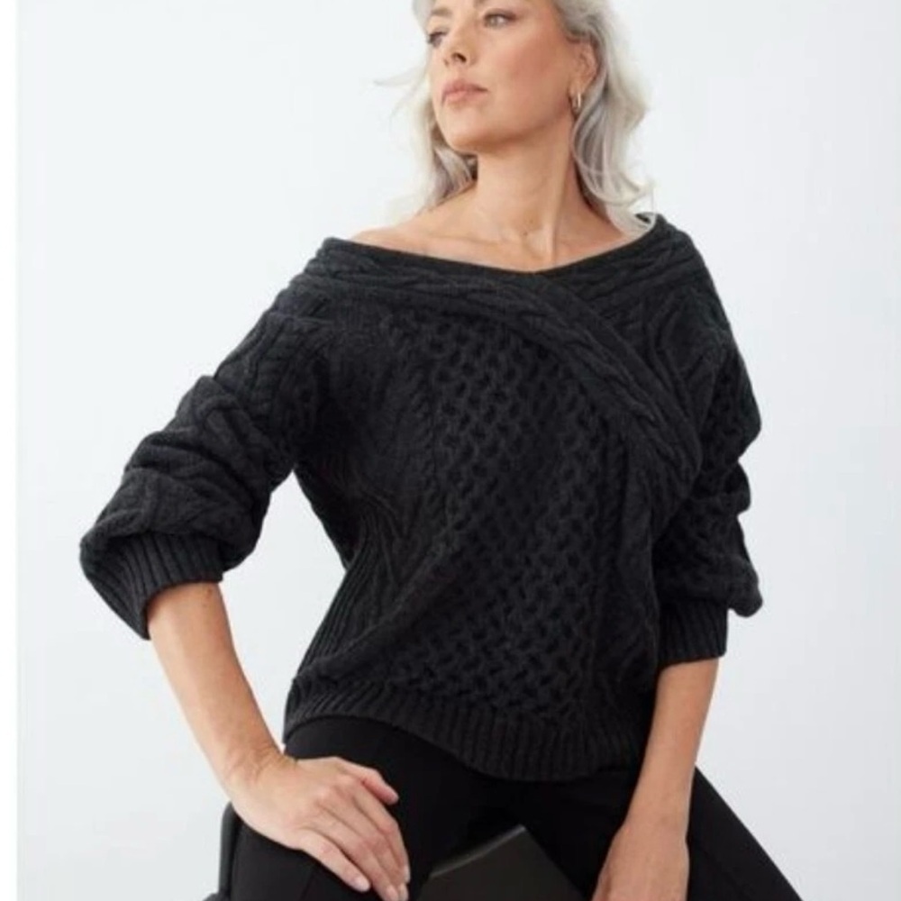 NWT GSTQ Off Shoulder Cable Knit 100% Fine Wool Chunky Sweater Charcoal Size XL - Picture 8 of 8
